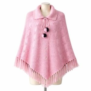 Handmade Pink Knit Poncho Fringe Pom Pom Button Front Capelet Artisan One Size